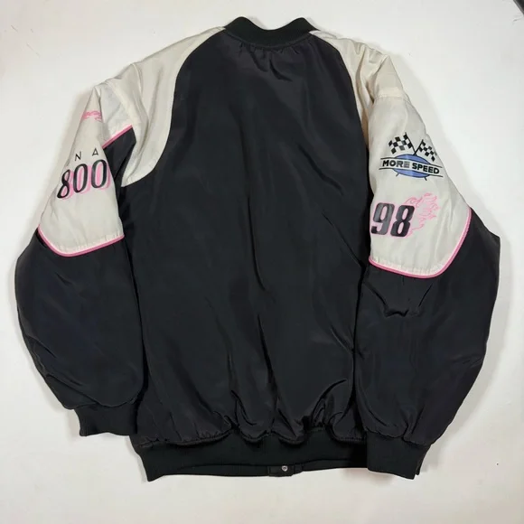 H&M Racing Thrill Seeker Black and Pink Oversized Bomber Jacket sz Small - Picture 2 of 9